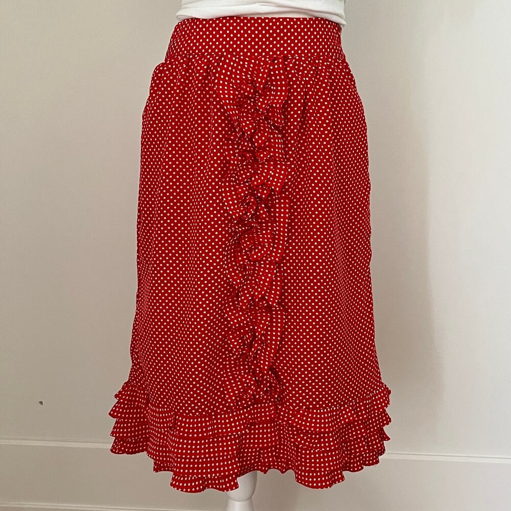 Vintage Fashion Village Red White Polka Dot Midi Skirt Ruffles Tie Belt Small - Picture 2 of 7